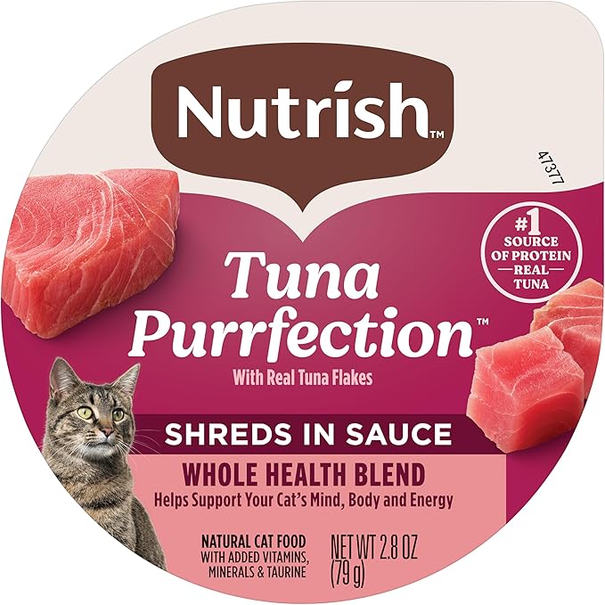 Nutrish Grain Free Wet Cat Food Tuna Purrfection Whole Health Blend with Real Tuna Flakes in a Savory Sauce, 2.8 oz. Cup, Pack of 12 (Rachael Ray)