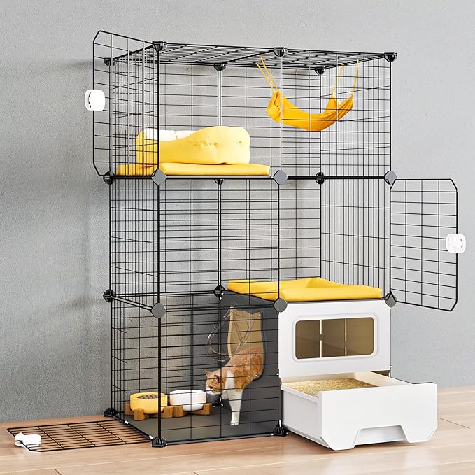 Oneluck Cat Cage Indoor with Litter Box 3-Tier DIY Cat Playpen Detachable Metal Wire Kennel Crate Large Exercise Place Ideal for 1-2 Kitten