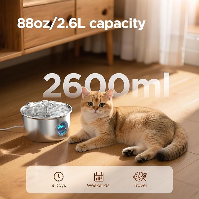 Pet Water Fountain Stainless Steel - Cat Fountain with 8 Filters & 8 Sponges - 88oz/2.6L Automatic Cat Watering Dispenser Bowl with Water Level Window - IHOUONE Quiet Fountains for Cats & Dogs Owners