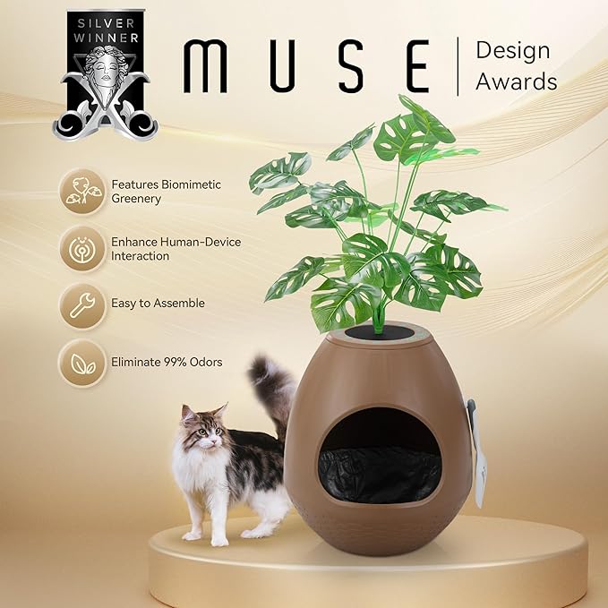 Eggloa6 Hidden Cat Litter Box with Artificial Plants ＆ Odor Removal System, Egg-Shaped Enclosure Includes Scoop ＆3PCS Liners Secret, Discreet Furniture, DIY Assembly Cat Litter Box Cabinet (Brown)