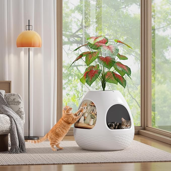 Copod8 Cat Beds for Indoor Cats 4-in-1 Cat Bed Cave Kitten House with Replaceable Scratching Board, Heating Pad, Air Purifier and Artificial Plant for Cats Rabbits Guinea Pigs Small Dogs (White)