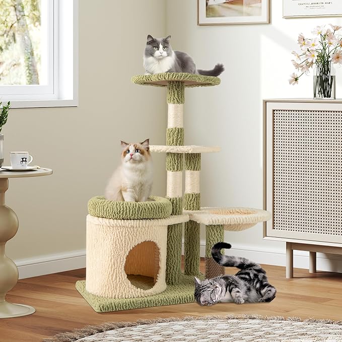 Tangkula Cute Cat Tree, Multi-Level Aesthetic Kitten Tower with Sisal Scratching Posts, Condo, Bed, Padded Plush Cushion, Self Groomer, Hammock, Perch, Green Small Cat Tree Tower for Indoor Cats