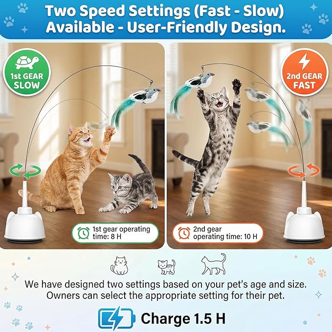 2 in 1 Electric Cat Wand Toy Interactive Cat Toys for Indoor Cats 360° Flying Bird Cat Toy, 2-Speed Fly Cat Chase Toy Automatic Cats Toys with Self ON/Off Suction Cup Electric Cat Teaser Wand