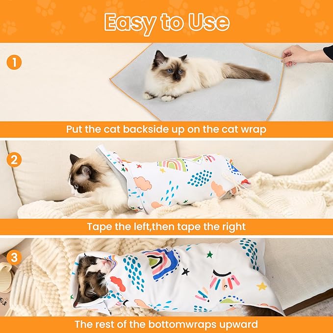 17.7'' Cat Grooming Wrap for Cutting Nails Self-Adhesive Soft Polyester Fabric Swaddle Wrap for Cats Anti-Scratch Anti-Escape Restraint for Nail Clipping Pet Cleaning and Beauty (Rainbow,M)