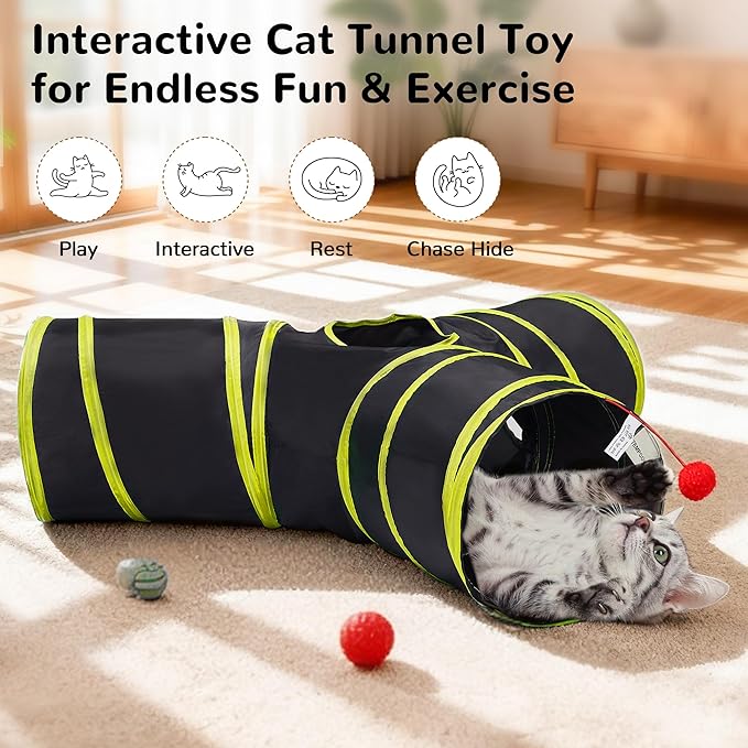 Tempcore Cat Tunnel for Indoor Cats, 3-Way Collapsible Play Tunnel with Teaser Wand, Peek Holes & Toy Ball, Small Pet Toy for Kittens & Rabbits, Black & Yellow