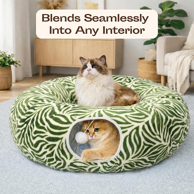 Meowfia Indoor Cat Tunnel with Donut Bed - Large Flexible Play Space for Multiple Pets - Circle or Snake Shape, Cozy Lounge (Jungle Nest)