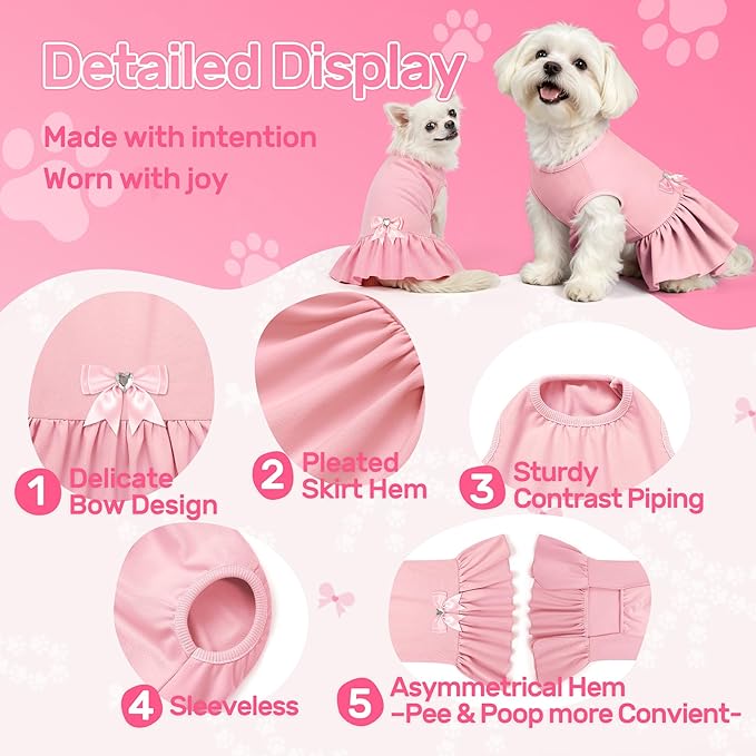 YUDODO Dog Dress Sleeveless Cat Dresses Breathable Dog Clothes for Small Dogs Girl Bowtie Puppy Dress with Cute Skirt Hem Lightweight Summer Dogs Dresses Soft & Does Not Pill Pink S