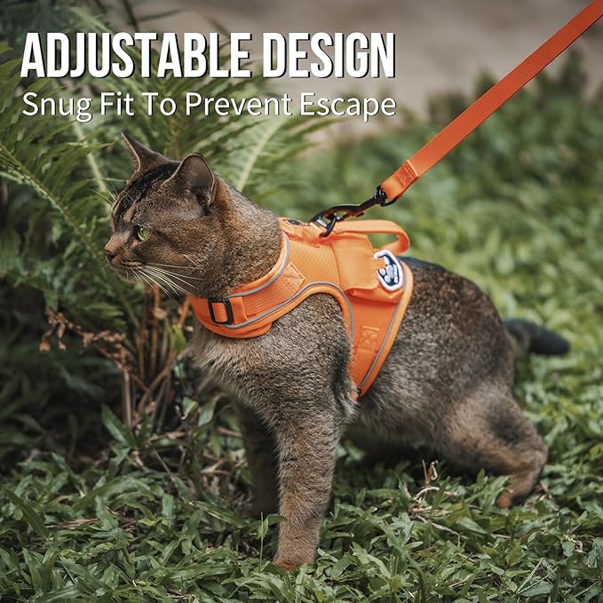 OneTigris Tactical Cat Harness and Leash - Escape Proof Soft Adjustable Cat Harness, Breathable, Comfortable, Durable Water-Resistant Vest with Reflective Strips and Pocket for Cat Tracker
