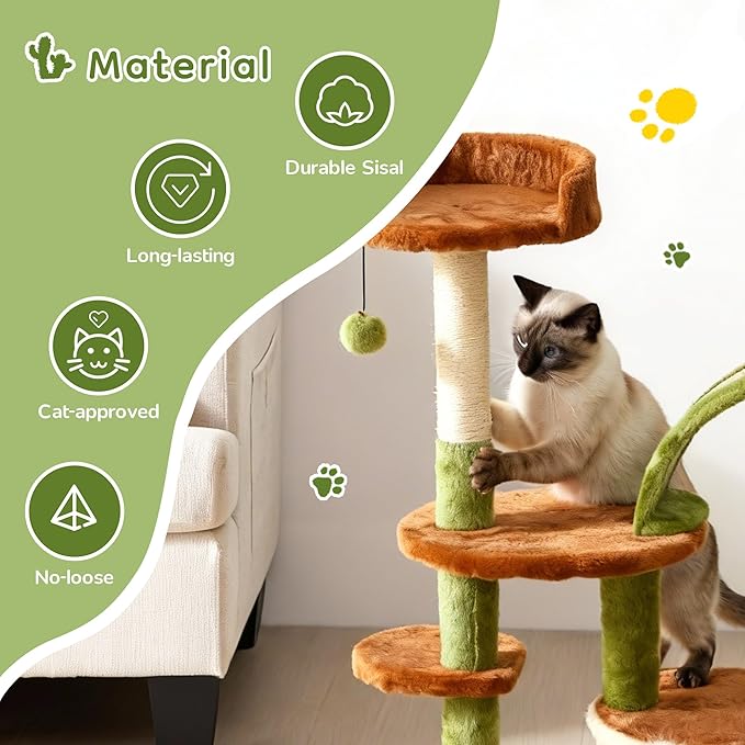 Cactus Cat Tree for Indoor Cats, 36.6" Small Cat Tower with Sisal Scratching Posts, Stable Cat Condo with Perches and Climbing Steps, Brown