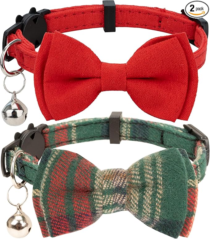 Collar for Cat Pet Breakaway with Bell Bowtie Detachable Bow Adjustable Safety Kitten Puppy Girl Boy 2pcs Christmas-A