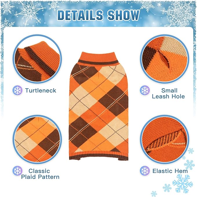 KOOLTAIL Fall Dog Sweater Pet Knitted Clothes - Thanksgiving Classic Plaid Pullover Turtleneck Dog Sweaters with Leash Hole, Thick Cold Weather Pet Outfits for Small Medium Large Dogs Cats Puppy, S