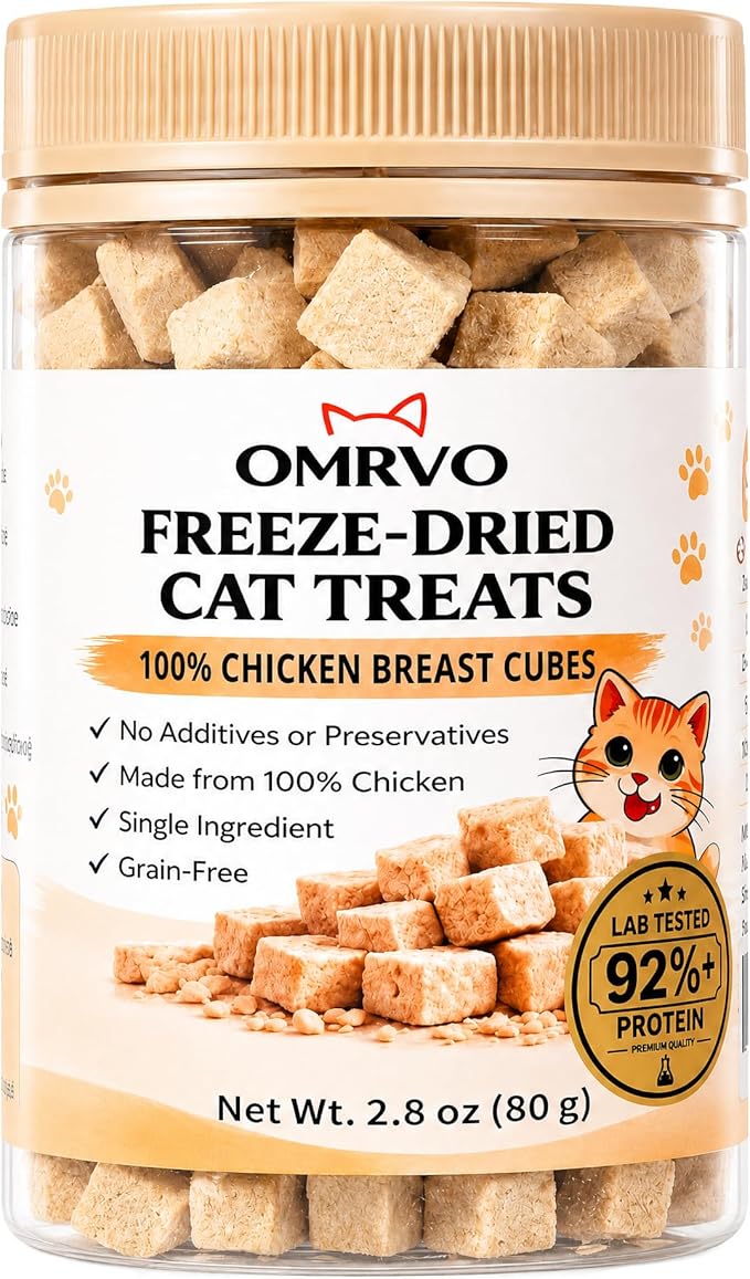 Freeze-Dried Cat Treats, 92%+ High Protein Chicken Breast Cubes, Single Ingredient Grain-Free Cat Snacks & Food Topper for Kittens & Adult Cats, 2.8 oz