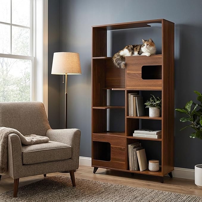 4 Cats & Dogs Clifford Cat Tree Bookshelf – Modern Pet Condo with Climbable Shelves, Multi-Level Tower, Indoor Dog Furniture, Space-Saving Bookshelf & Pet Nooks, 69”H x 36”L x 15”D (Walnut)