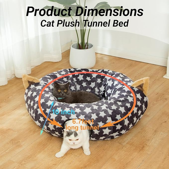 Large Cat Tunnel Bed Under Christmas Tree with Fluffy Toy Balls, Small Cushion and Flexible Design- 10 inch Diameter, 3 ft Length- Great for Cats, and Small Dogs, Gray Star Pattern