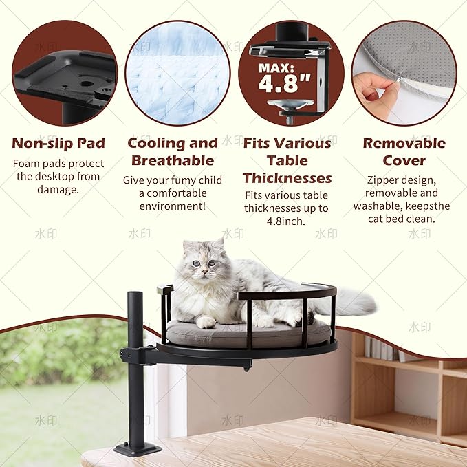 Cat Bed for Desk,14.9" Desk Cat Hammock with Clamp,Wooden Desktop Pet Perch, Elevated Cat's Nest Mounted on Table for Office & Computer Setup,360°Rotating Perch，Mat Machine Washable,Black
