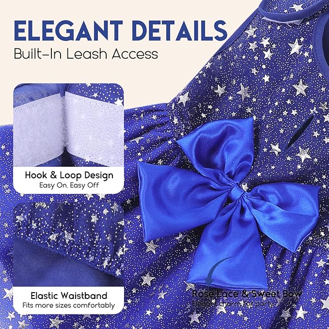ASENKU Dog Dress Pet Wedding Dress Princess Lace Puppy Birthday Party Outfit Formal Apparel Girl for Small Medium Dogs Cats (2XL, Navy Star)