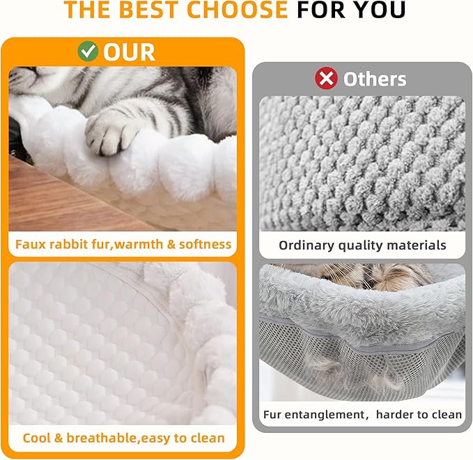 Cat Desk Bed - Faux Rabbit Fur Cat Hammock for Desk, 180° Rotating Adjustable, Reversible Dual-Sided Mat for All Seasons, Removable & Washable, Supports 40 lbs for Office Game Tables