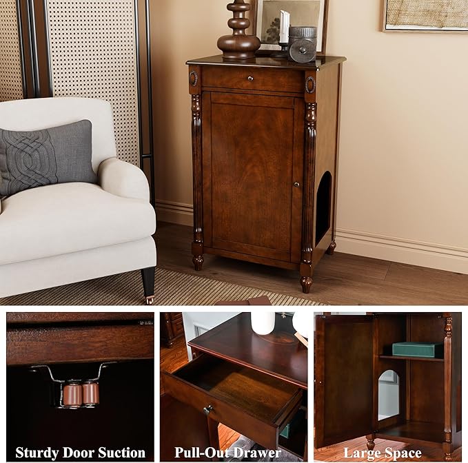 Solid Wood Cat Litter Box Enclosure, Hidden Litter Box Furniture, Wooden Pet House Storage Cabinet, Wooden Floor Cabinet for Hallway, Entryway or Living Room Home Decor, Cherry Walnut