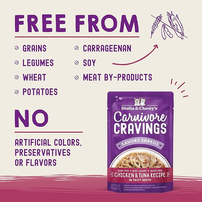 Stella & Chewy's Carnivore Cravings Wet Cat Food - Premium Pouches - Grain Free, High Protein Chicken & Tuna - Perfect for Picky Eaters - Complete Meal or Topper (2.8 oz, 12 Pack)