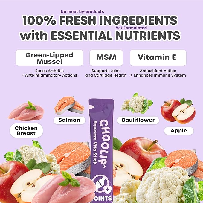 Choolip Squeeze Vita Stick Joint Support Lickable Cat and Dog Treats – 49-Count Chicken & Salmon Sticks with MSM and Vitamin E – Box with 7 Pouches, Vet-Formulated for Joint Health