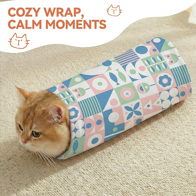 BFNN Cat Grooming Wrap for Cutting Nails, 27.6" Anti-Escape Calming Cat Swaddle Wrap for Medicine, Nail Clipping, Teeth Brushing, Ear Cleaning, Self-Adherent Burrito Restraint, (Geometric Fish, L)