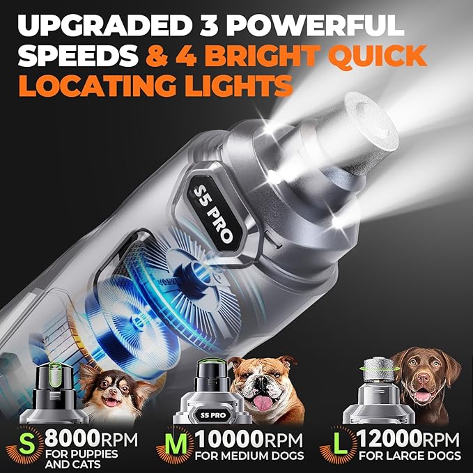 Whisper Quiet Dog Nail Grinder with 4 LED Lights, Safe & Stress-Free for Sensitive Dogs Cats of All Breeds & Sizes, 3 Grinding Bits, 3-Speed, Pet Nail Trimmers, Rechargeable Painless Grooming Kit Grey