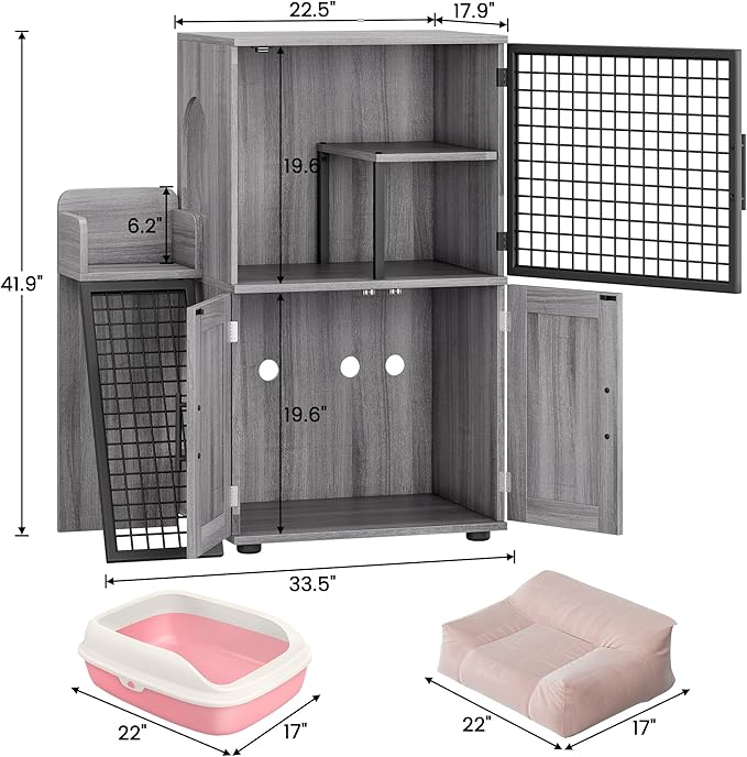 IDEALHOUSE Modern Cat Litter Box Enclosure with Platform, Double Layer Hidden Litter Box, Indoor Washroom, Villa Cat House with Ladder, 33.5" l x 17.9" w x 41.9" h,Dark Grey