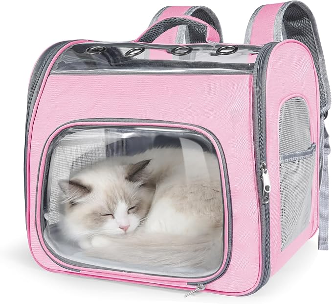 Innovative Traveler Backpack Pet Carriers Cat Backpack with Breathable Mesh Puppy Travel Carrier with Soft Padded Reinforced Support Foldable Small Dog Carrying Backpack for Kitty up to 15lbs (Pink)