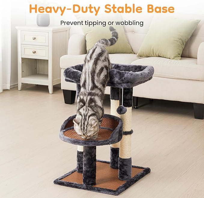 Multi-Level Cat Tower with Scratching Posts, Cat Tree with Double Cat Bed & Hanging Toys, Cute Climbing Tower with Sisal Scratcher for Kittens & Adult Cats, Grey