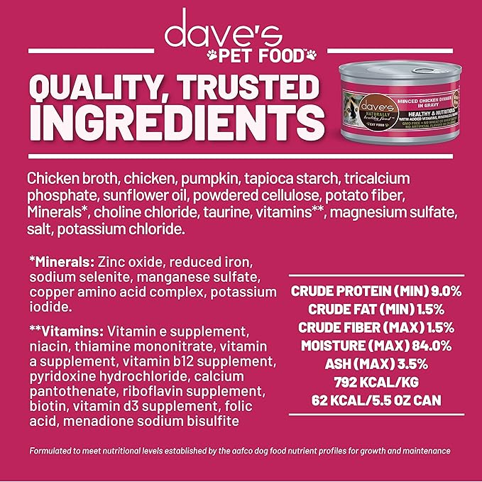 Dave's Pet Food Grain Free Wet Cat Food (Minced Chicken in Gravy), Naturally Healthy Canned, Added Vitamins & Minerals, Wheat, Gluten & GMO-Free, 2.8 oz (12 Pack)
