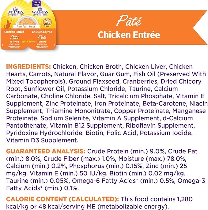 Wellness Complete Health Purrfect Duos Pate Adult Wet Cat Food, Natural, Protein Rich, Grain Free, Chicken Entrée Recipe, 2.64 oz, Pack of 12 Split Cups