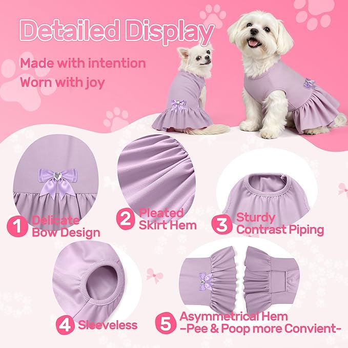 YUDODO Dog Dress Sleeveless Cat Dresses Breathable Dog Clothes for Small Dogs Girl Bowtie Puppy Dress with Cute Skirt Hem Lightweight Summer Dogs Dresses Soft & Does Not Pill Purple M