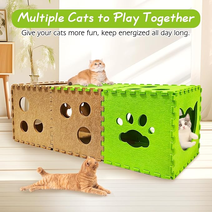 Felt Cat Tunnel 14 Pcs Foldable Cat Hideaway Cave with Interactive Peek Hole DIY Cats House Kitten Play Tubes and Tunnels for Indoor Cats Up to 12lb