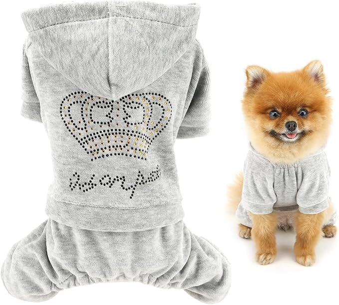 SMALLLEE_LUCKY_STORE Dog Hoodies for Small Dog Girls Rhinestone Crown Doggie Outfits Puppy Pajamas with Leash Hole Stretchy Soft Velvet Clothes 4 Legged Jumpsuit Pet Tracksuit Cat Apparel