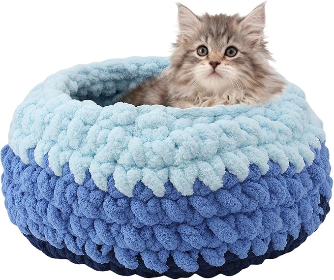 Handwoven Soft Cat Cave Bed, Indoor Cat Beds with Washable Round Nest, Kitten House & Cat Furniture, Cloud Blue