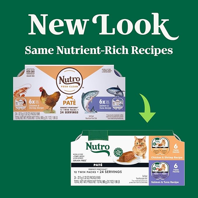 Nutro Wet Cat Food Pate Multipack: Variety Pack, Salmon & Tuna Recipe, Chicken & Shrimp Recipe, 2.64 oz. Trays (12 Count, Pack of 2)