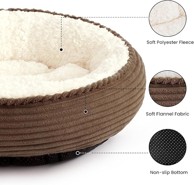 Love's cabin Round Donut Cat and Dog Cushion Bed, 20in Pet Bed for Cats or Small Dogs, Anti-Slip & Water-Resistant Bottom, Super Soft Durable Fabric Pet beds, Washable Luxury Cat Dog Bed Brown Stripe