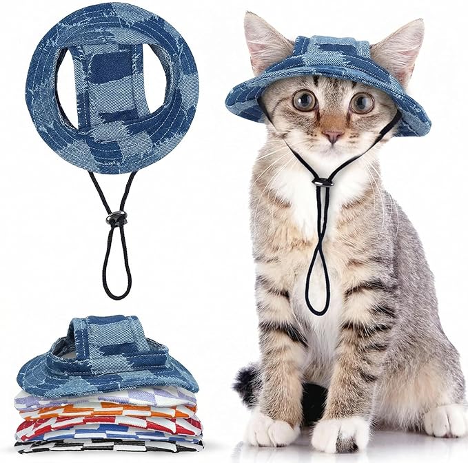 QBLEEV Cat Hats for Cats Only, Sphynx Hat with Ear Hole, Kitten Headwear Mini Sun Sombrero Caps, Summer Cat Cowboy Hats, Pet Chihuahua Sunscreen Baseball Outdoor Climbing Cap Birthday Party