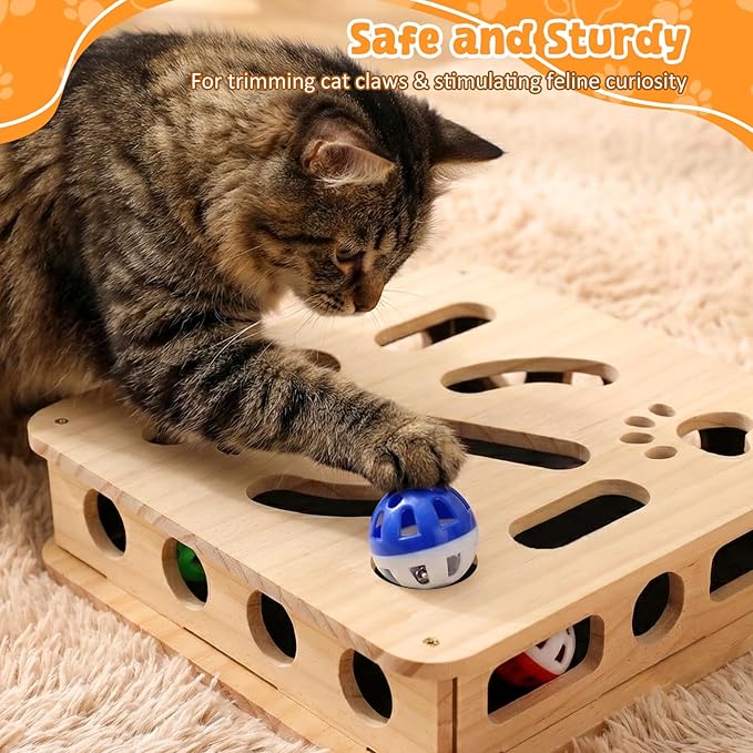2026 Upgrade Cat Nail File Box, No Assembly Required, Solid Wood Cat Nail File Enrichment Box with 3 Bell Balls, 1 Teaser Wand & Replacement Sandpaper, Stress-Free Alternative to Clippers & Grinders