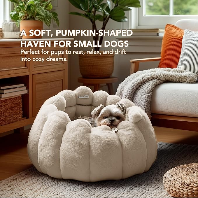 PETNOVO Pumpkin Cat Bed, Cream Plush Donut Cuddler with High Bolster, Non-Slip Cozy Nest for Indoor Cats up to 13 lb and Small Dogs, 20L x 20W x 12H Inch