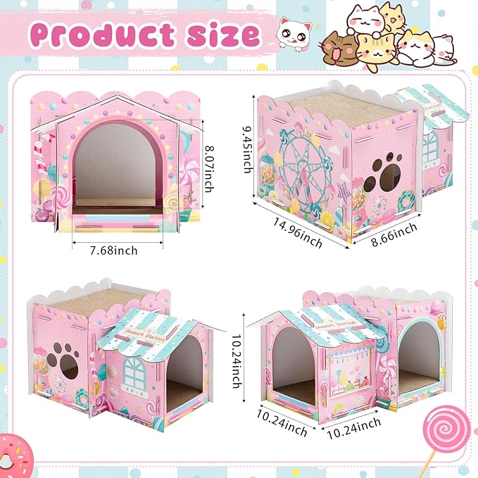 Lineshading 2 Story Cardboard Cat House with Scratcher Pad, Multi Level Durable Cat Scratcher House for Small Kitten Bunny Rabbit Animals Christmas Birthday Gift(17x12x10,Confectionery)