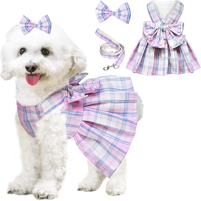 Dog Dress Bowknot Harness Leash Set for Small Dogs Girl Cute Plaid Dog Dress Pearls Bow Tie Spring Summer Princess Clothes Birthday Holiday Doggie Outfits for Puppy Cats Girl Apparel (Pink, X-Large)