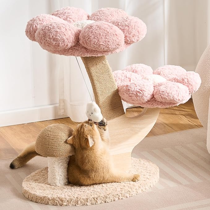Aesthetic Flower Cat Tree Tower with Scratching Post for Indoor Cats, 30" H Modern Cat Tree with Wood Sculpted Branch, Flower Cat Beds, Mushroom Scratcher & Interactive Squeaky Toy, Pink