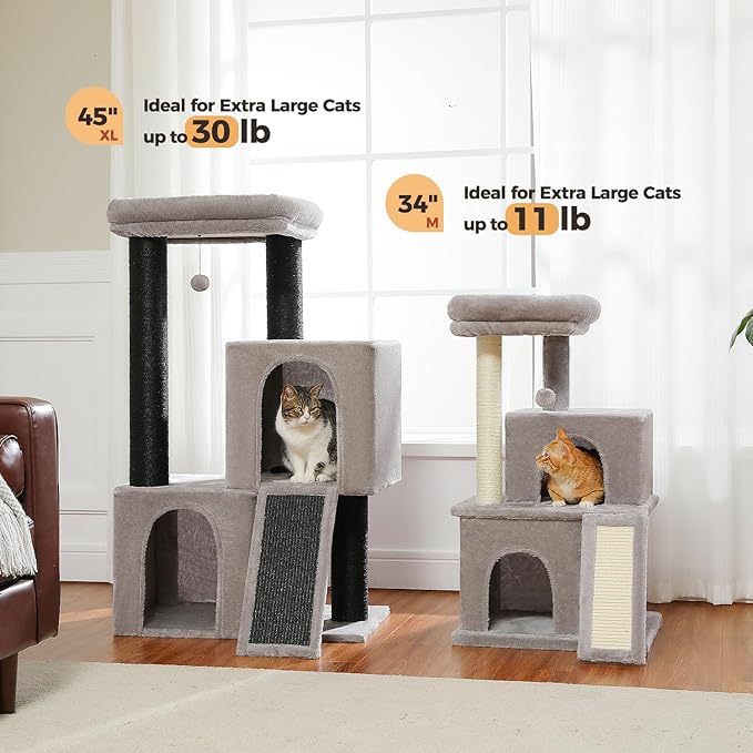 MUTTROS Heavy Duty Cat Tree for Indoor Cats Adult, 45-Inch Cat Tower with Sisal Scratching Ramp, 2 Cat Condo for Extra Large Cats, Big Top Perch, 3 Thick Black Scratching Posts (φ4.3) -Gray