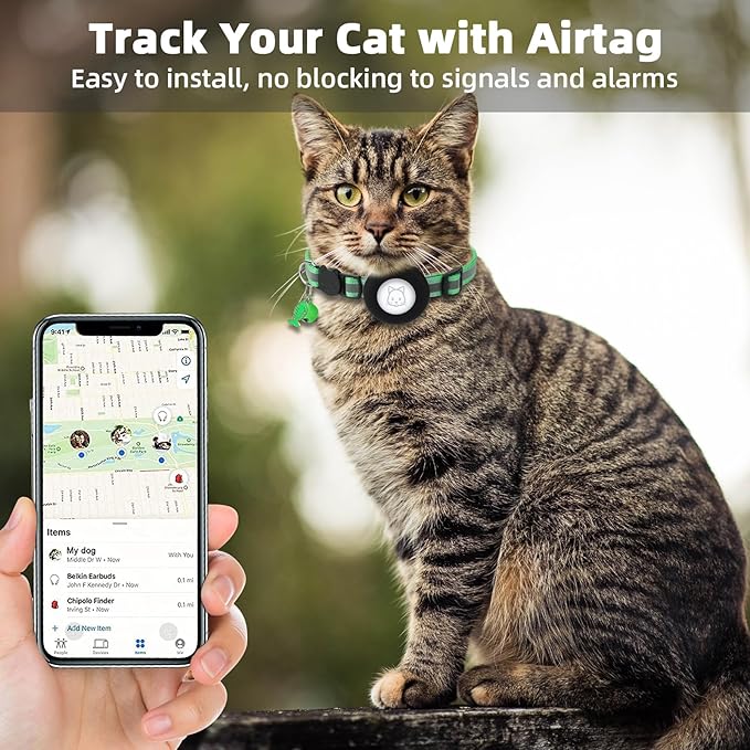 Airtag Cat Collar, Air tag Cat Collar with Bell and Safety Buckle in 3/8" Width, Reflective Collar with Waterproof Airtag Holder Compatible with Apple Airtag for Cat Dog Kitten Puppy (Green)