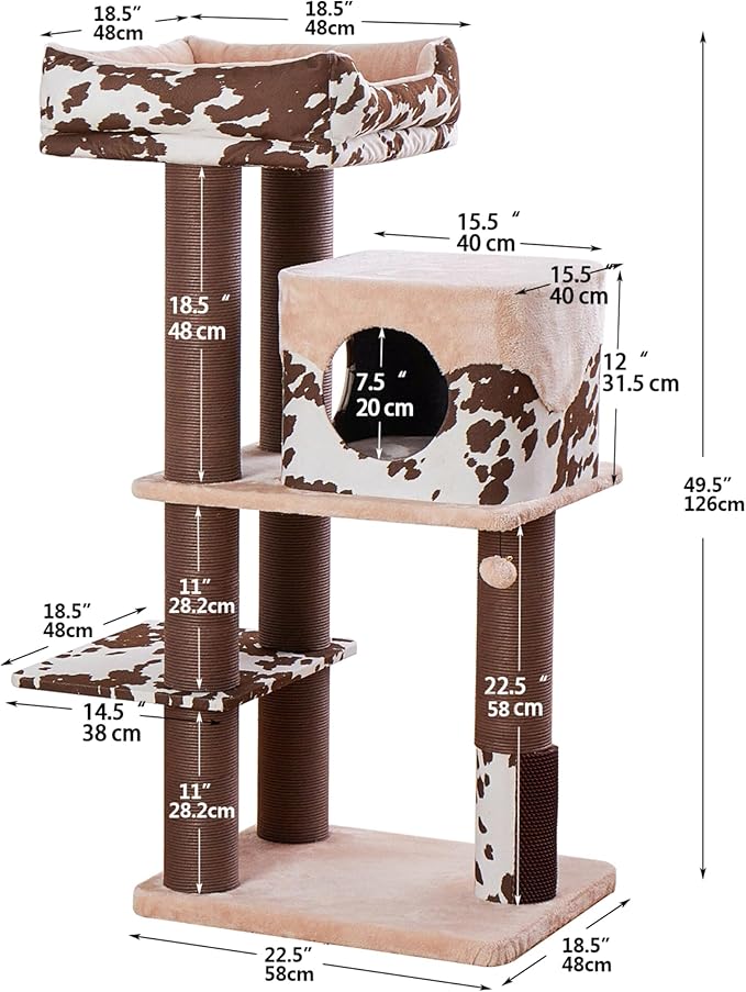 PetPals Large Cat Tree 50” Tall for Grand Maine Coon, with Large Condo, Removeable Top Bed, Extra Durable & Sturdy Large Cat Tower, Cowboy Style (Brown)