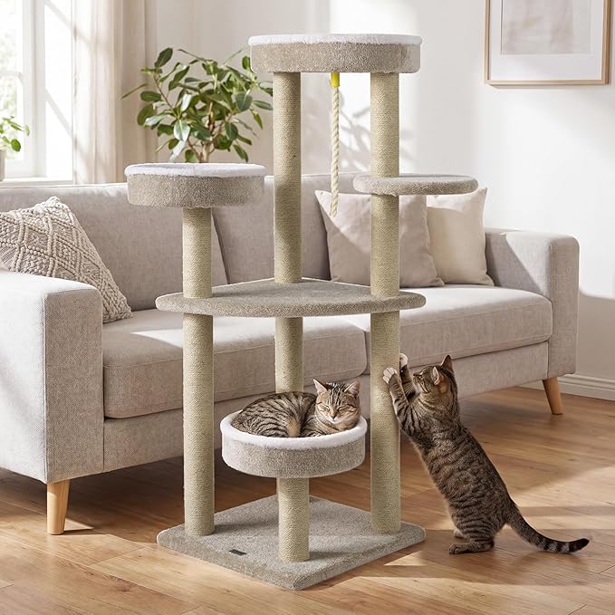 PETSITE 51-inch Modern Cat Tree, Multi-Level Cat Tower with Scratching Posts, 3 Comfy Cat Beds, and Interactive Sisal Rope, Ideal for Indoor Cats and Kittens