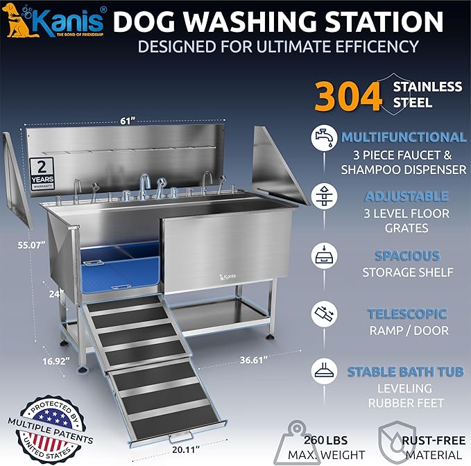 KANIS Professional Dog Washing Station 304 Stainless Steel Pet Wash Sink & Grooming Bathtub w/Shower, Floor Grates and Storage for Large, Medium & Small Pets (Silver, 61 Inches, Left Ramp, Shelf)