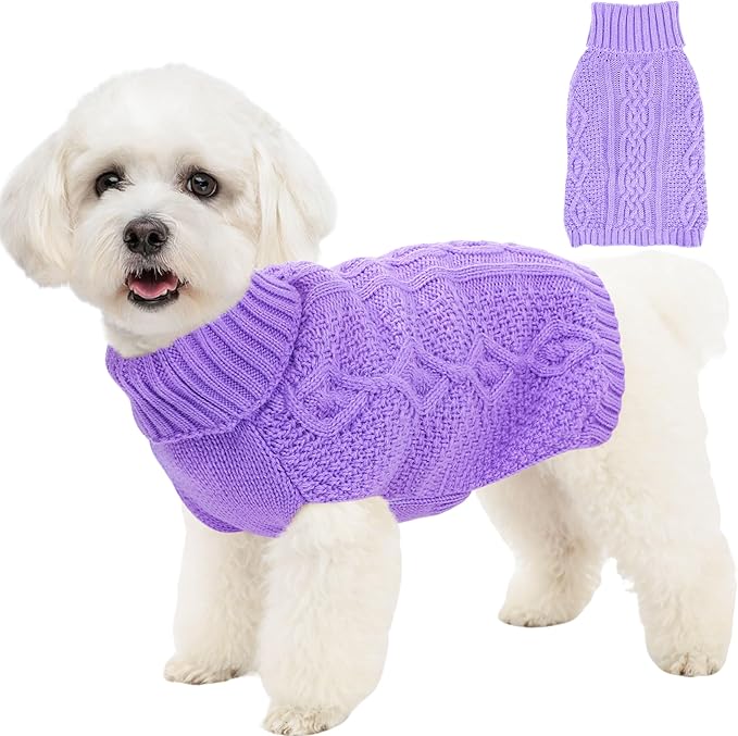 Dog Sweaters Small Dog Clothes Winter Turtleneck Puppy Sweater Warm Pet Cat Sweater Doggy Pullover Outfit with Twisted Design XS~XL (Purple, Large)