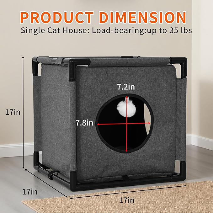 2-Story Cat House for Indoor Cats - Large Cat Cave Bed with Soft Velvet Pad and Fluffy Ball，Stable and Easy to Assemble Kitty Fort, Muti-Functional Cat Condo， Grey